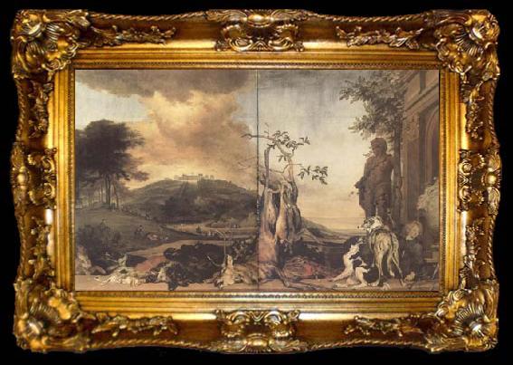framed  WEENIX, Jan Game Still Life Before a Landscape with Bensberg Palace (mk14), ta009-2